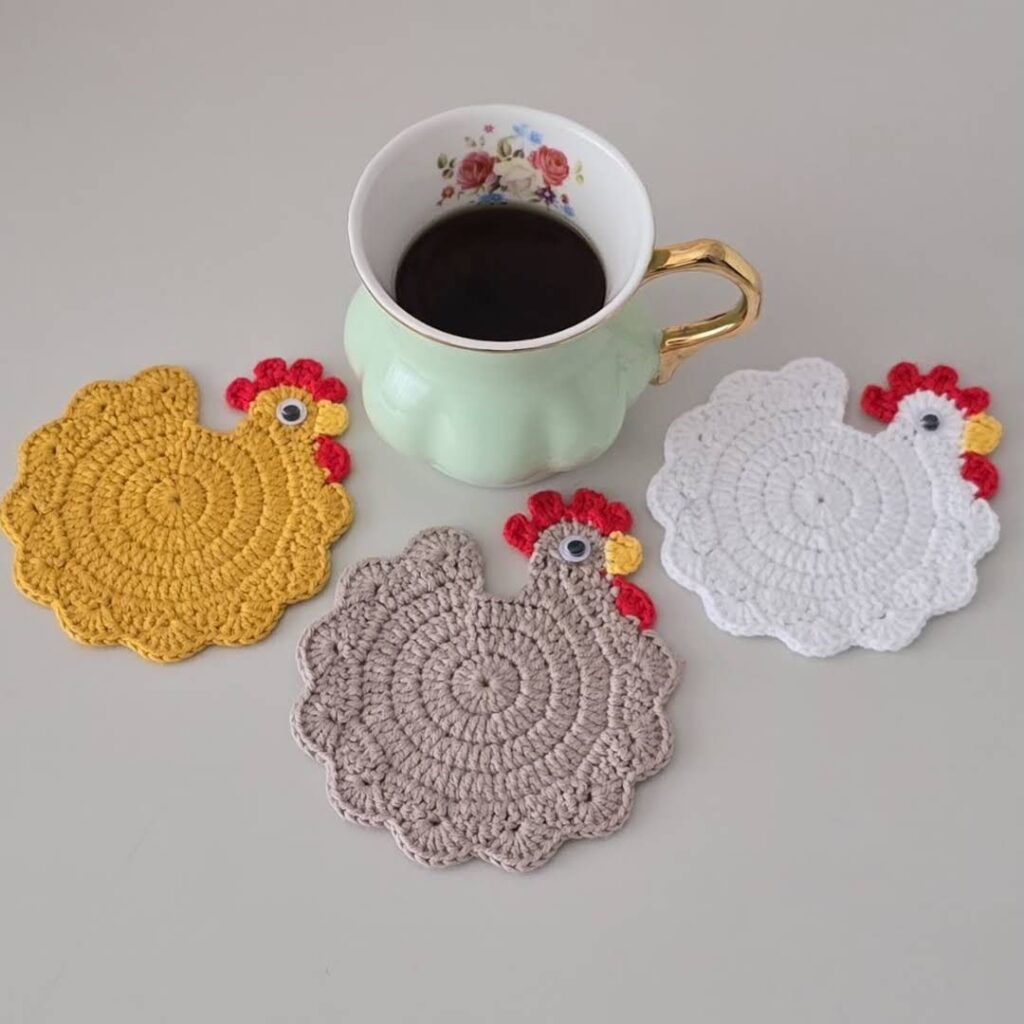 crocheted chicken coaster